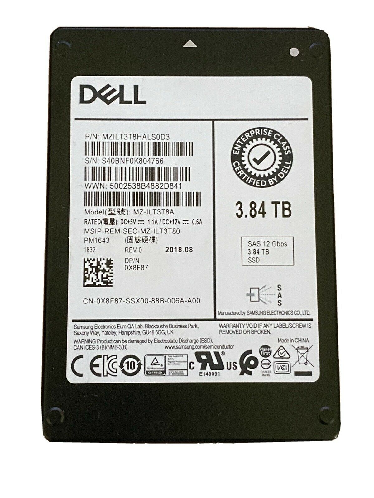 0X8F87 | Dell 3.84TB Read Intensive TLC SAS 12Gb/s 512E 2.5-inch Hot-pluggable Solid State Drive for 14 Gen. PowerEdge Servers