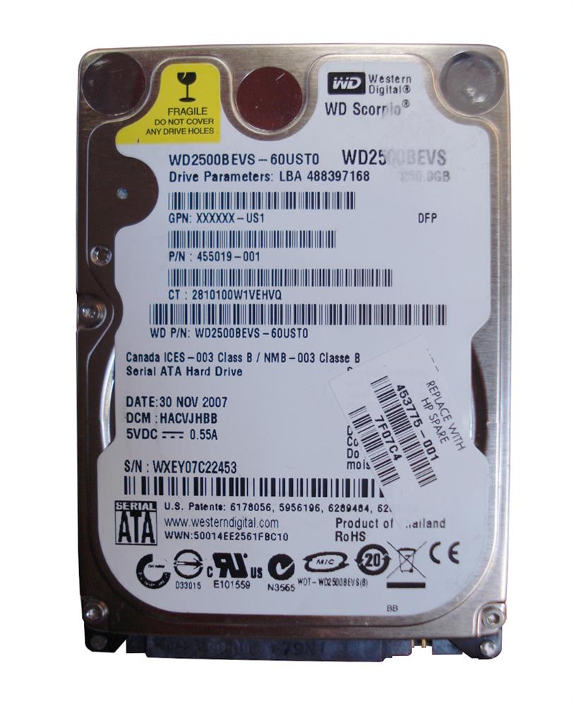 453775-001 | HP 250GB 5400RPM SATA 3Gb/s 2.5-inch Hard Drive