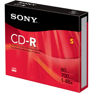 5CDQ80RH | Sony  CD Recordable Media - CD-R - 48x - 700 MB - 5 Pack Slim Jewel Case - 120mm1.33 Hour Maximum Recording Time