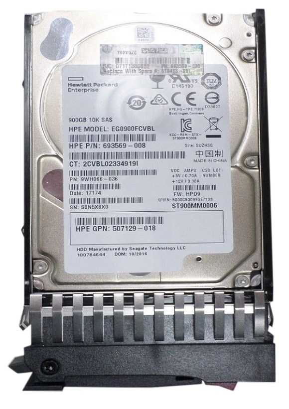 693569-008 | HPE 900GB 10000RPM SAS 6Gb/s 2.5-inch SFF Enterprise Hot-pluggable SC Hard Drive with Tray for Proliant Gen. 8 and 9 Servers