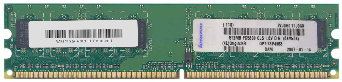 73P4983 | Lenovo 512MB DDR2-667MHz PC2-5300 non-ECC Unbuffered CL5 240-Pin DIMM 1.8V Single Rank Memory Module