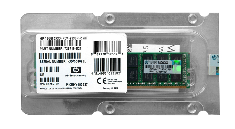 752369-081 | HP 16GB (1X16GB) 2133MHz PC4-17000 CL15 ECC Registered Dual Rank 1.20V DDR4 SDRAM 288-Pin DIMM Memory Module for ProLiant Server Gen.9