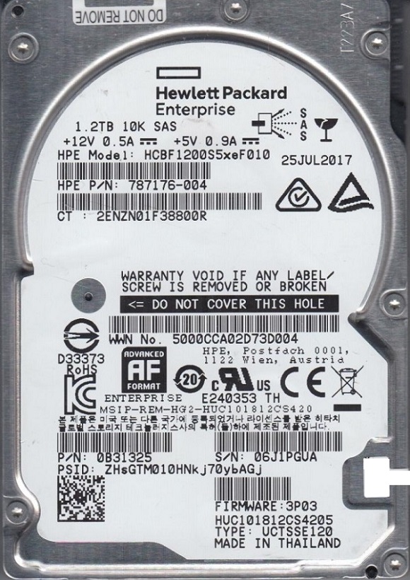 787176-004 | HPE 3PAR StoreServ 8000 1.2TB 10000RPM SAS 12Gb/s 2.5-inch SFF FIPS Encrypted Hard Drive with Tray