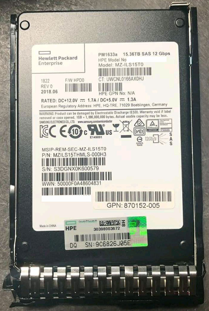 870152-005 | HPE 15.3TB SAS 12Gb/s Read-intensive (SFF) 2.5-inch SC MLC Digitally Signed Firmware Solid State Drive for ProLiant Gen.9 and 10 Servers
