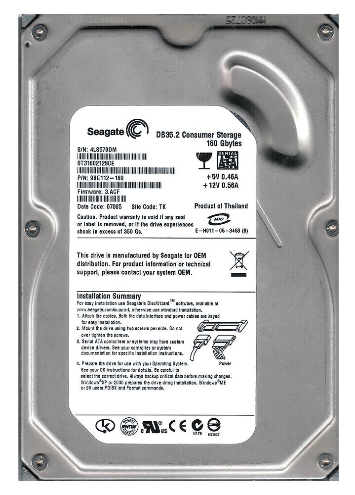 9BE112-160 | Seagate 160GB 7200RPM SATA Gbps 3.5 2MB Cache DB35 Hard Drive