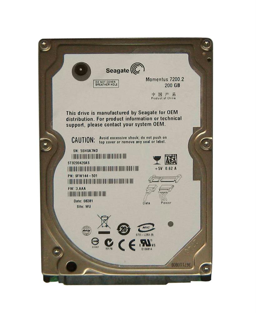 9FW144-501 | Seagate 200GB 7200RPM SATA 3 Gbps 2.5 16MB Cache Momentus Hard Drive