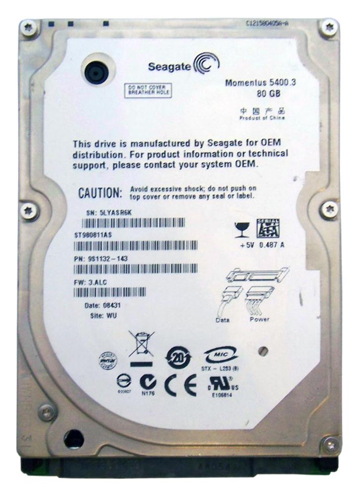 9S1132-143 | Seagate 80GB 5400RPM SATA 1.5 Gbps 2.5 8MB Cache Momentus Hard Drive