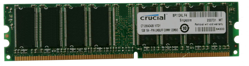 CT12864Z40B.M16TDY | Crucial Technology 1GB DDR-400MHz PC3200 non-ECC Unbuffered CL3 184-Pin DIMM 2.5V Memory Module