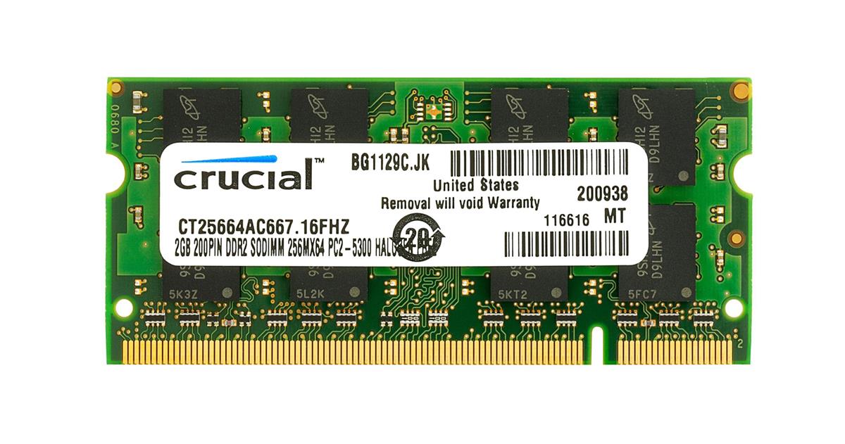 CT25664AC667 | Crucial 2GB DDR2 SoDimm Non ECC PC2-5300 667Mhz Memory