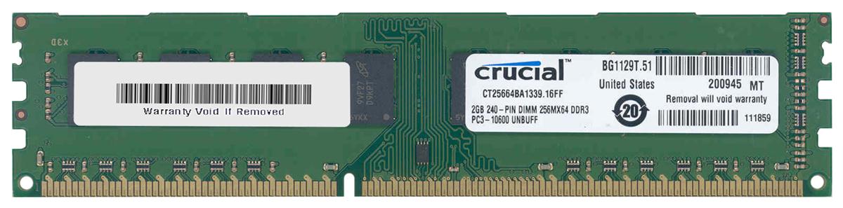 CT25664BA1339.16FF | Crucial Technology 2GB DDR3-1333MHz PC3-10600 non-ECC Unbuffered CL9 240-Pin DIMM 1.35V Low Voltage Dual Rank Memory Module