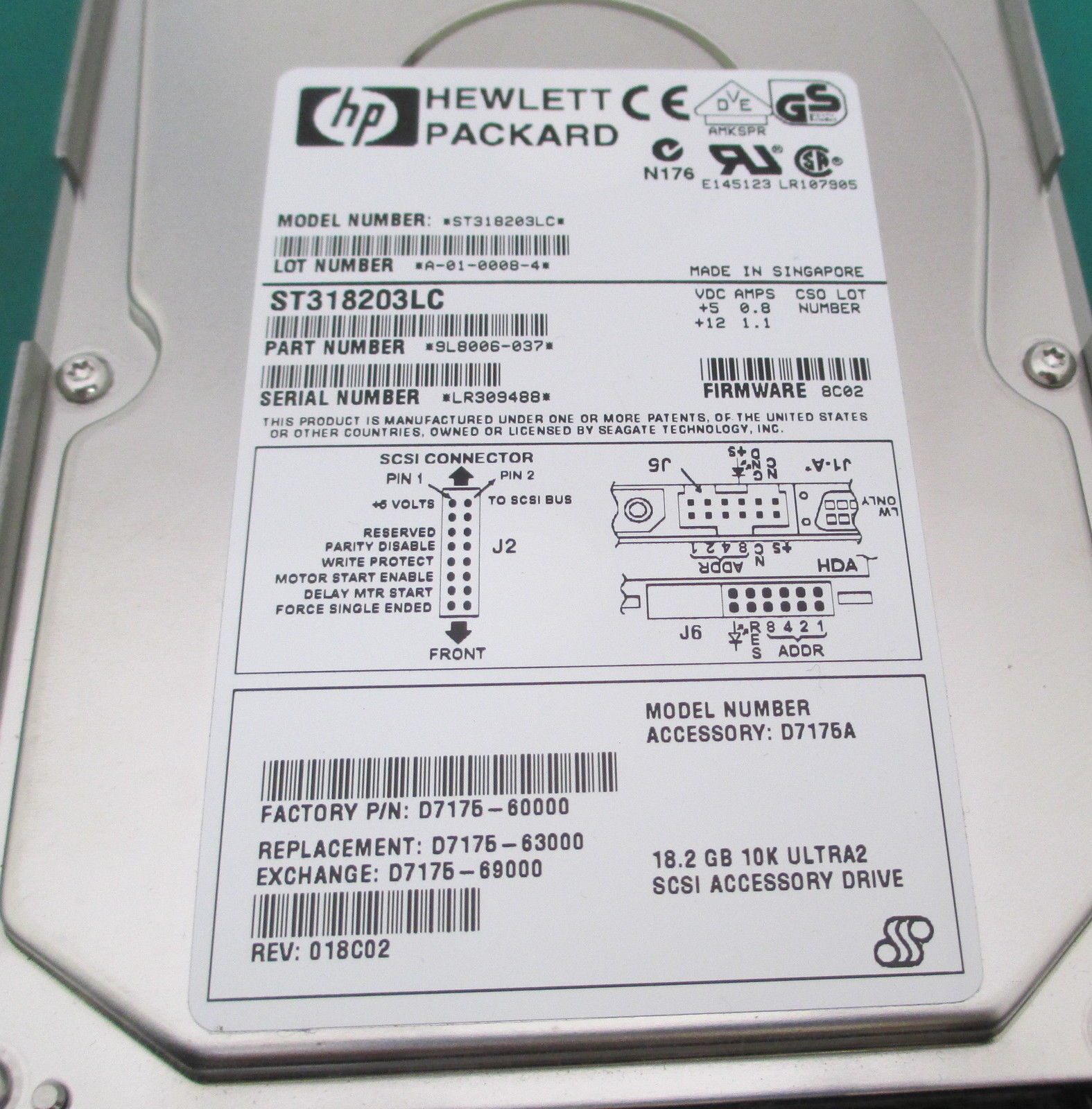 D7174-69000 | HP 18.2GB 7200RPM Ultra-2 Wide SCSI Hot-Pluggable LVD 80-Pin 3.5-inch Hard Drive