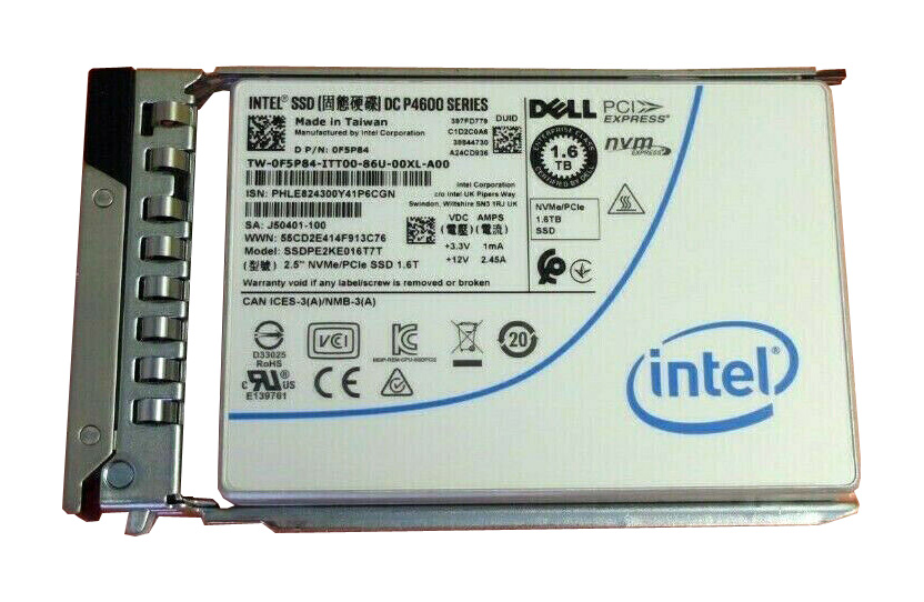 F5P84 | Dell 1.6TB PCI Express NVME 3.1 X4 3D NAND TLC Intel DC P4600 Series 2.5-inch Enterprise Solid State Drive for 14G PowerEdge Server
