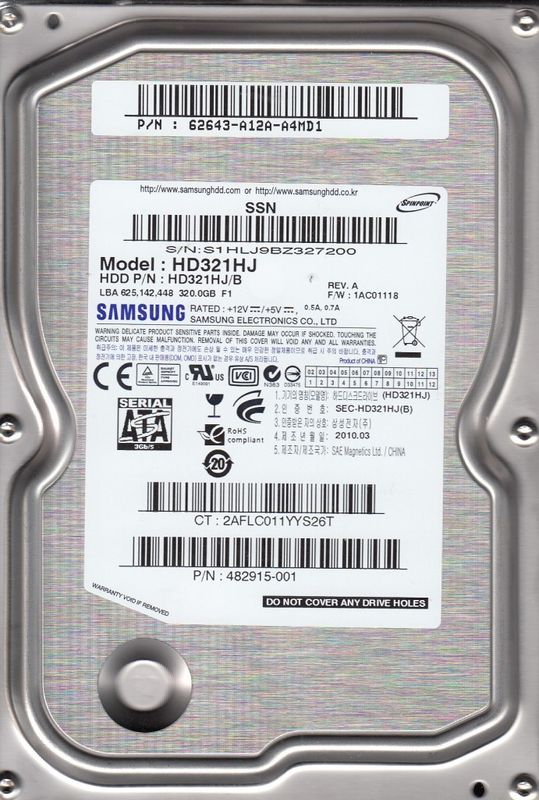 HD321HJ | Samsung F1DT 320GB 7200RPM 8MB Cache SATA 3Gb/s 3.5-inch Hard Drive for Desktop