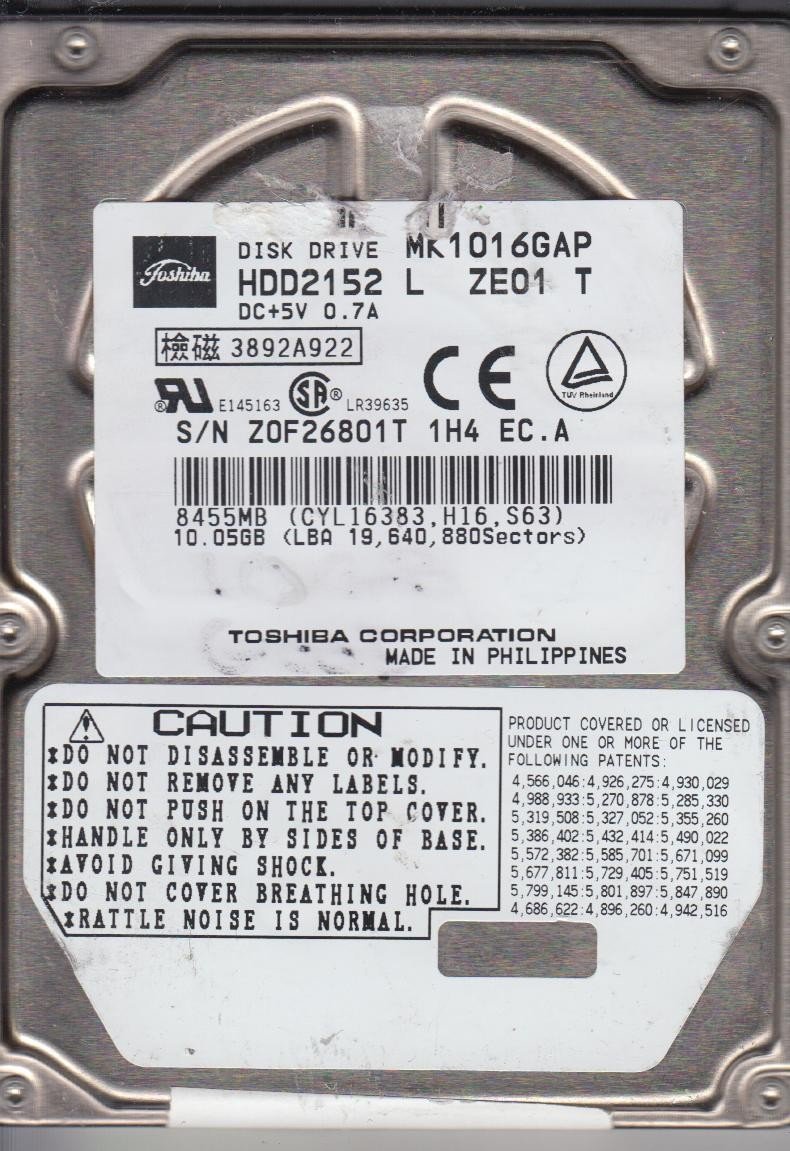 HDD2152 | Toshiba MK1016GAP 10 GB 2.5 Internal Hard Drive - IDE Ultra ATA/66 (ATA-5) - 4200 rpm - 1 MB Buffer
