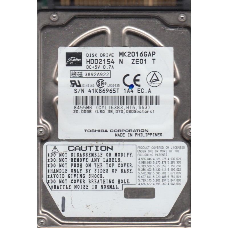 HDD2154 | Toshiba MK2016GAP 20 GB 2.5 Internal Hard Drive - IDE Ultra ATA/66 (ATA-5) - 4200 rpm - 1 MB Buffer