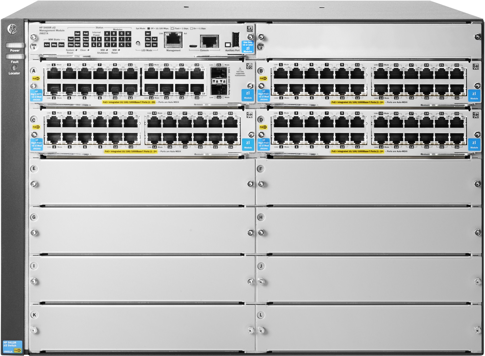 J9825A | HP 5412R-92G-POE+/2SFP+ (No PSU) V2 ZL2 Switch Managed 92 X 10/100/1000 (POE+) + 2 X 10 Gigabit SFP+ Rack-mountable POE+