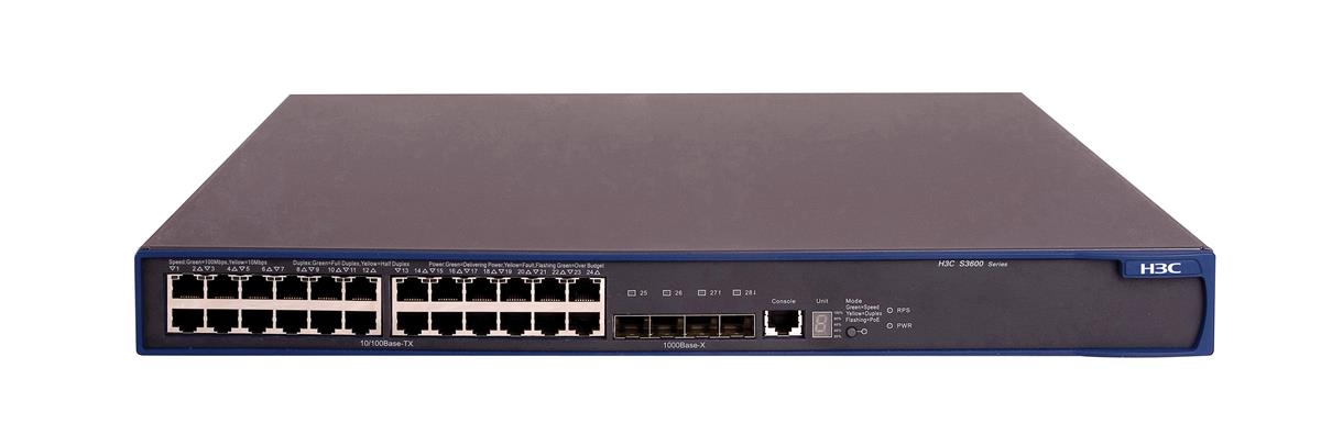 JG304-61101 | HP 3600 24 V2 24 X 10/100 + 4 X Gigabit SFP + 2 X Shared 10/100/1000 Rack Mountable SI L4 Managed Switch