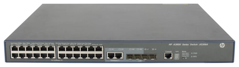 JG306A | HP 3600-24-PoE+ 24-Ports 24 X 10/100 + 4 X Gigabit SFP + 2 X Shared 10/100/1000 Rack Mountable Layer 4 Managed Switch