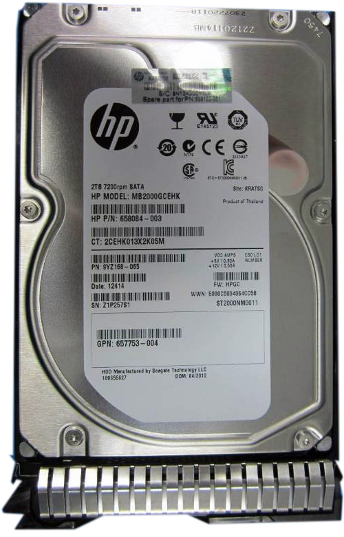 MB2000GCEHK | HPE 2TB 7200RPM SATA 6Gb/s 3.5-inch LFF SC Midline Hot-pluggable Hard Drive with Tray for Proliant Gen. 8 and 9 Servers