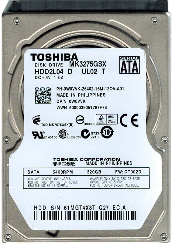 MK3275GSX | Toshiba 320GB 5400RPM 8MB Cache 2.5-inch SATA 3Gb/s Hard Drive