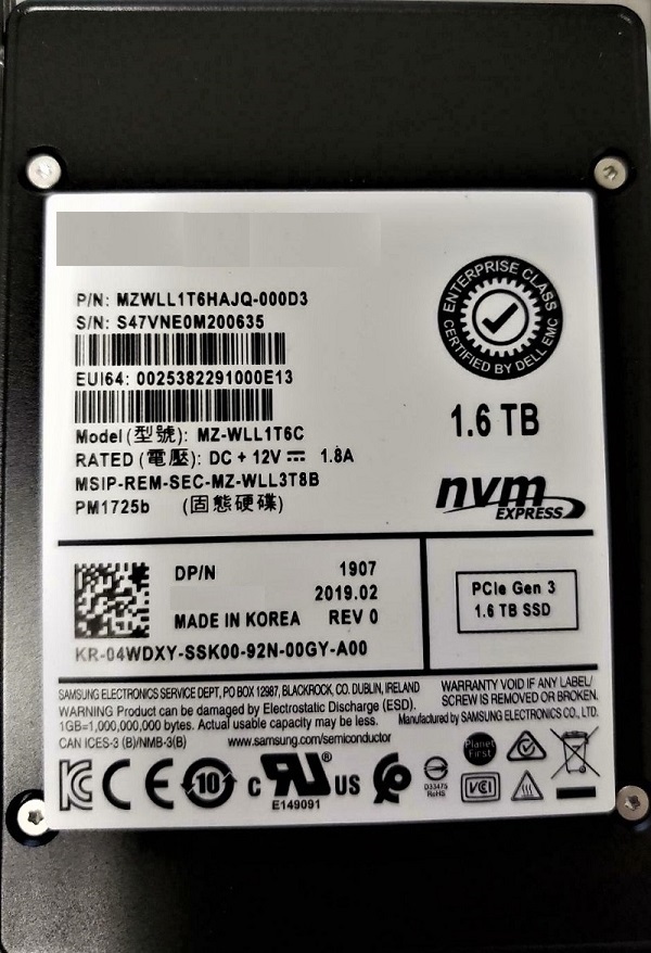 MZ-WLL1T6C | Samsung PM1725B 1.6TB 2.5-inch PCI-Express 3.0 X4 (NVME) Dual Port X2 Internal Solid State Drive