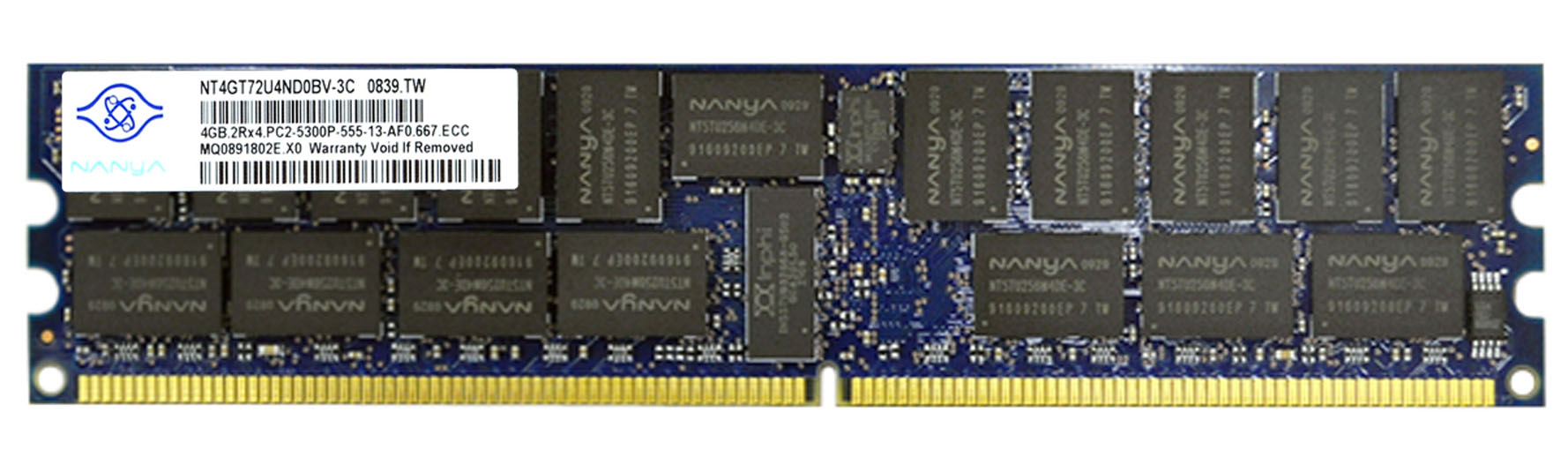 NT4GT72U4ND0BV-3C | Nanya 4GB 2RX4 PC2-5300P Memory Module (1X4GB)