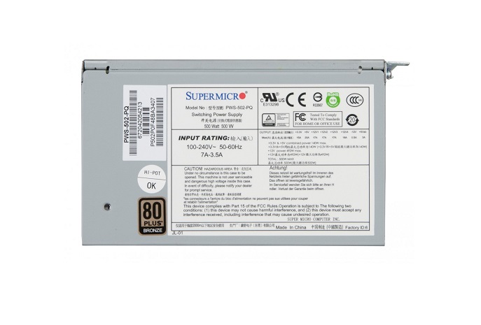 PWS-502-PQ | Supermicro 500-Watt Multi-Output PS2/ATX 80+ Bronze Power Supply with PFC