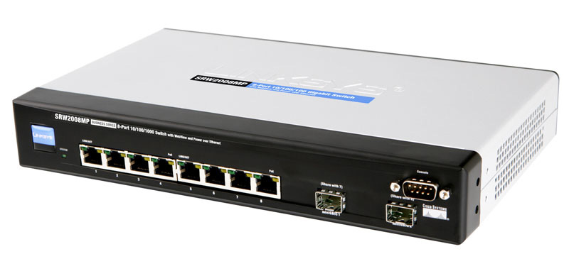 SRW2008MP | Linksys 8-Port 10/100/1000 RJ-45 Ports Ethernet Switch and 2 Shared MiniGBIC Slots