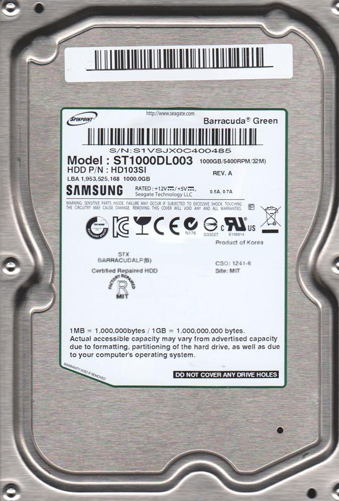 ST1000DL003 | Seagate Barracuda Green 1TB 5400RPM SATA 3Gbps 32MB Cache 3.5-inch Internal Hard Drive