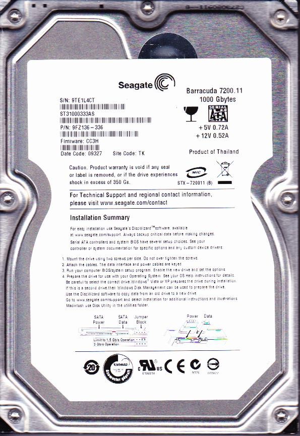 ST31000333AS | Seagate Barracuda 1TB 7200RPM SATA 3Gb/s 3.5-inch 32MB Cache Internal Hard Drive ST31000333AS | Seagate Barracuda 1TB 7200RPM SATA 3Gb/s 3.5-inch 32MB Cache Internal Hard Drive