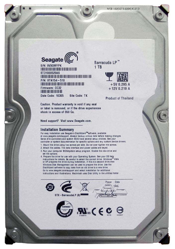 ST31000520AS | Seagate 1TB 5900RPM SATA Gbps 3.5 32MB Cache Barracuda Hard Drive