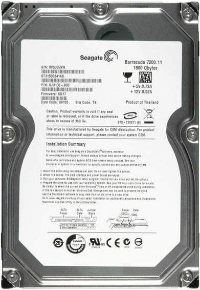 ST31500341AS | Seagate Barracuda 1.5TB 7200RPM SATA 3Gb/s 3.5-inch 32MB Cache Internal Hard Drive ST31500341AS | Seagate Barracuda 1.5TB 7200RPM SATA 3Gb/s 3.5-inch 32MB Cache Internal Hard Drive