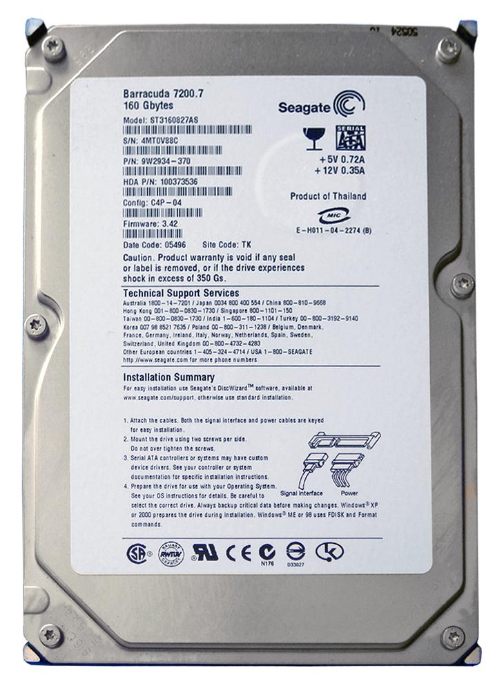 ST3160827AS | Seagate 160GB 7200RPM SATA 1.5 Gbps 3.5 8MB Cache Barracuda Hard Drive