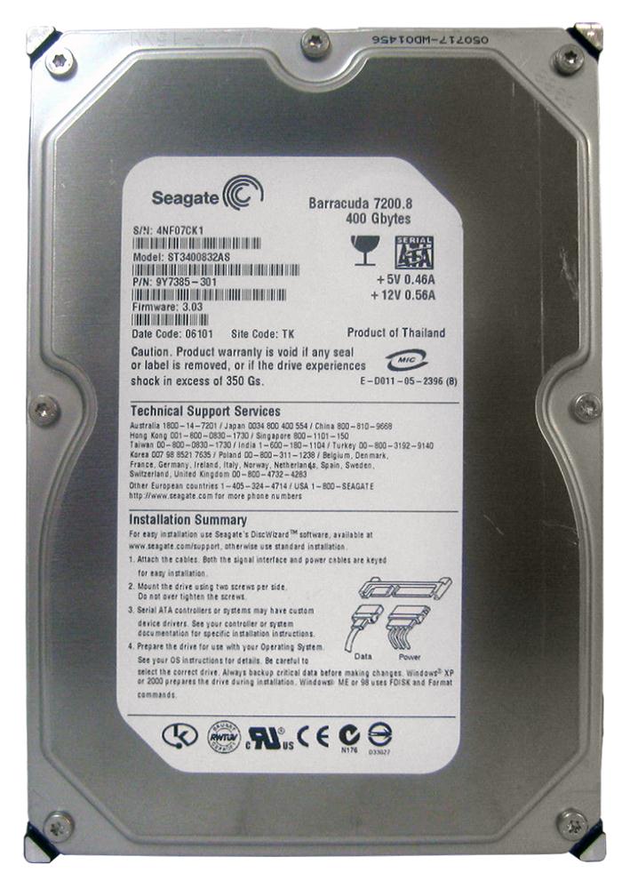 ST3400832AS | Seagate Barracuda 400GB 7200RPM SATA 8MB Cache 3.5-inch Hard Drive ST3400832AS | Seagate Barracuda 400GB 7200RPM SATA 8MB Cache 3.5-inch Hard Drive