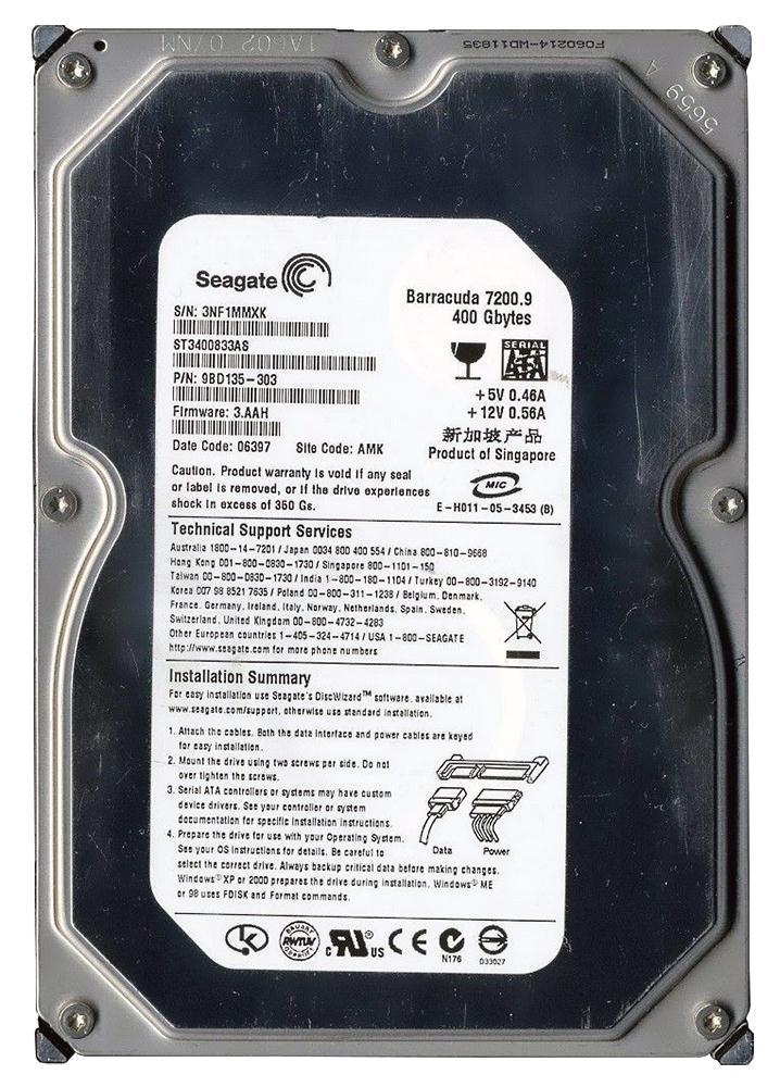 ST3400833AS | Seagate 400GB 7200RPM SATA Gbps 3.5 8MB Cache Barracuda Hard Drive