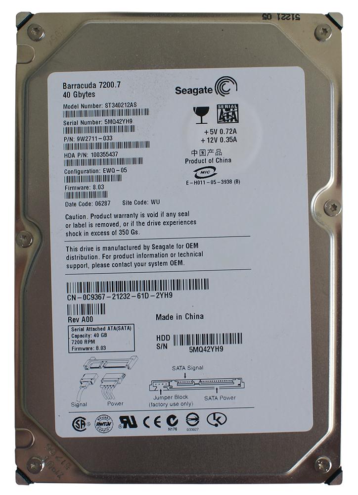 ST340212AS | Seagate Barracuda 40GB 7200RPM SATA 2MB Cache 3.5-inch Internal Hard Drive
