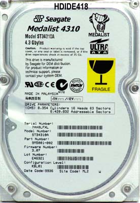 ST34310A | Seagate 4.31GB 5400RPM EIDE MEDALIST Hard Drive Ultra ATA-33 DMA 3.5-inch