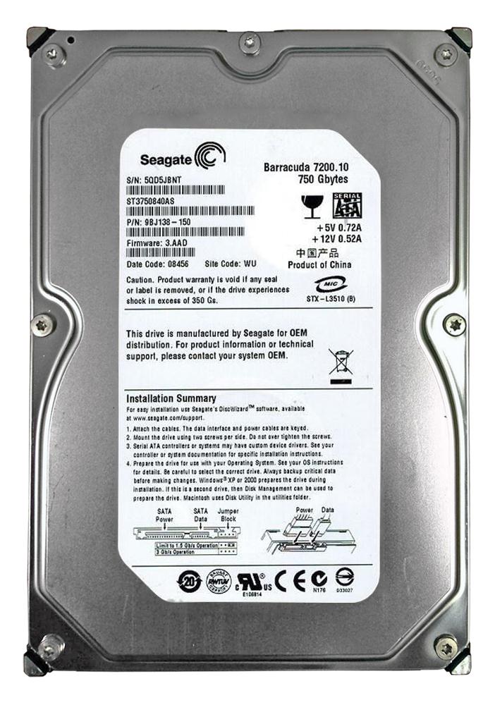 ST3750840AS | Seagate 750GB 7200RPM SATA 3 Gbps 3.5 8MB Cache Barracuda Hard Drive