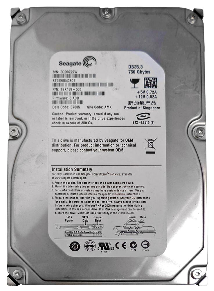ST3750840SCE | Seagate 750GB 7200RPM SATA 3 Gbps 3.5 8MB Cache DB35.3 Hard Drive