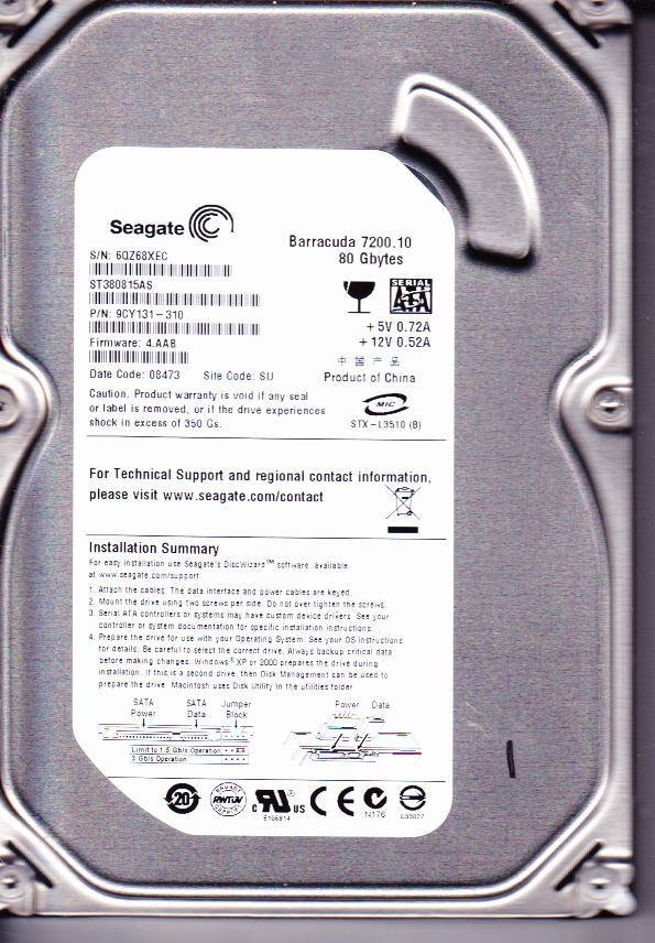 ST380815AS | Seagate Barracuda 80GB 7200RPM SATA 3Gb/s 3.5-inch 8MB Cache Hard Drive