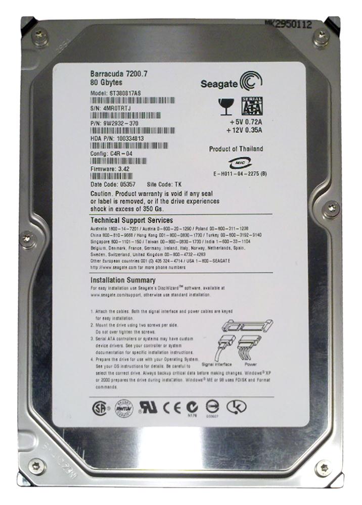 ST380817AS | Seagate st380817as barracuda 80gb 7200 rpm sata 8mb buffer 3.5inch low profile(1.0 inch) hard disk drive.