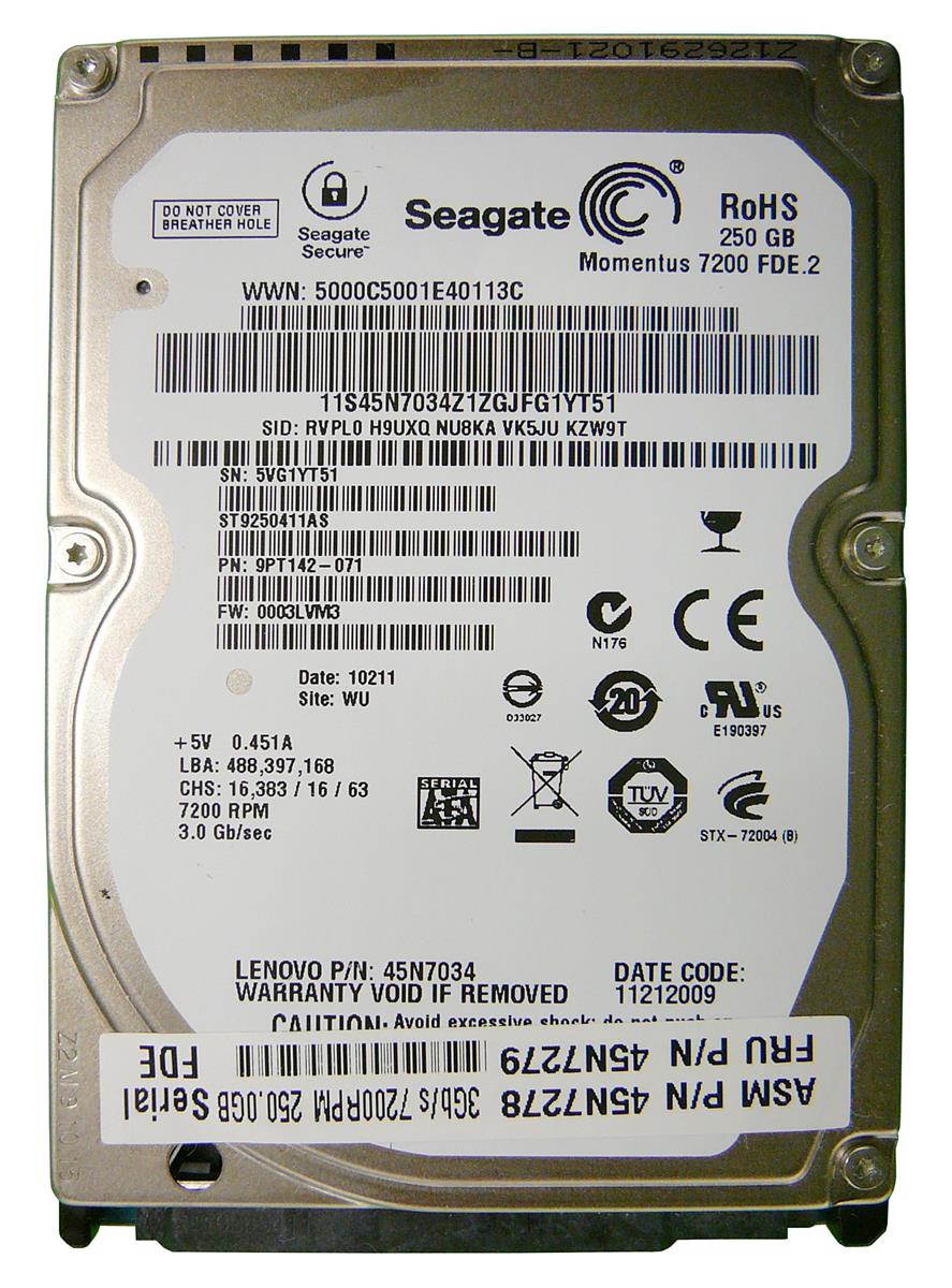 ST9250411AS | Seagate Momentus FDE 250GB 7200RPM SATA 3GB/s 16MB Cache 2.5-inch Internal Hard Disk Drive