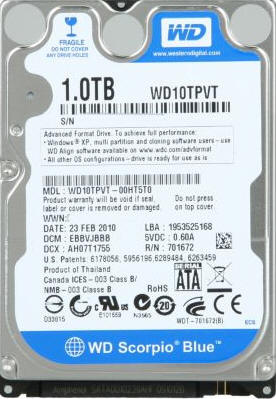 WD10TPVT | WD Scorpio Blue 1TB 5200RPM SATA 3Gb/s 8MB Cache 2.5-inch Internal Notebook Hard Drive
