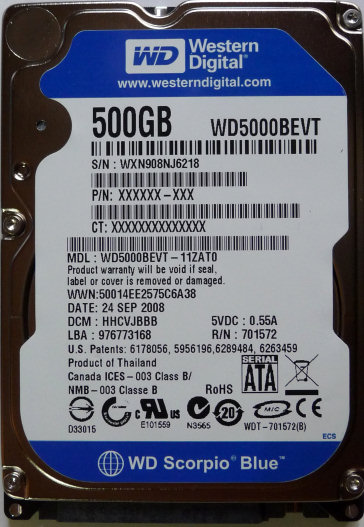 WD5000BEVT | WD Scorpio Blue 500GB 5400RPM SATA 3Gb/s 8MB Cache 2.5-inch Notebook Hard Drive