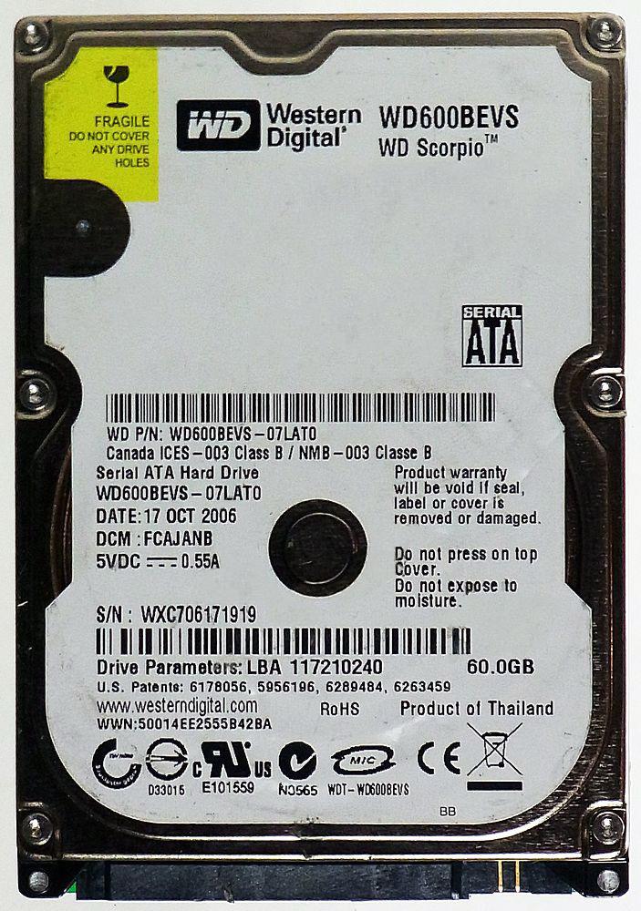 WD600BEVS | Western Digital Scorpio 60GB 5400RPM SATA 1.5Gbps 8MB Cache 2.5-inch Internal Hard Drive