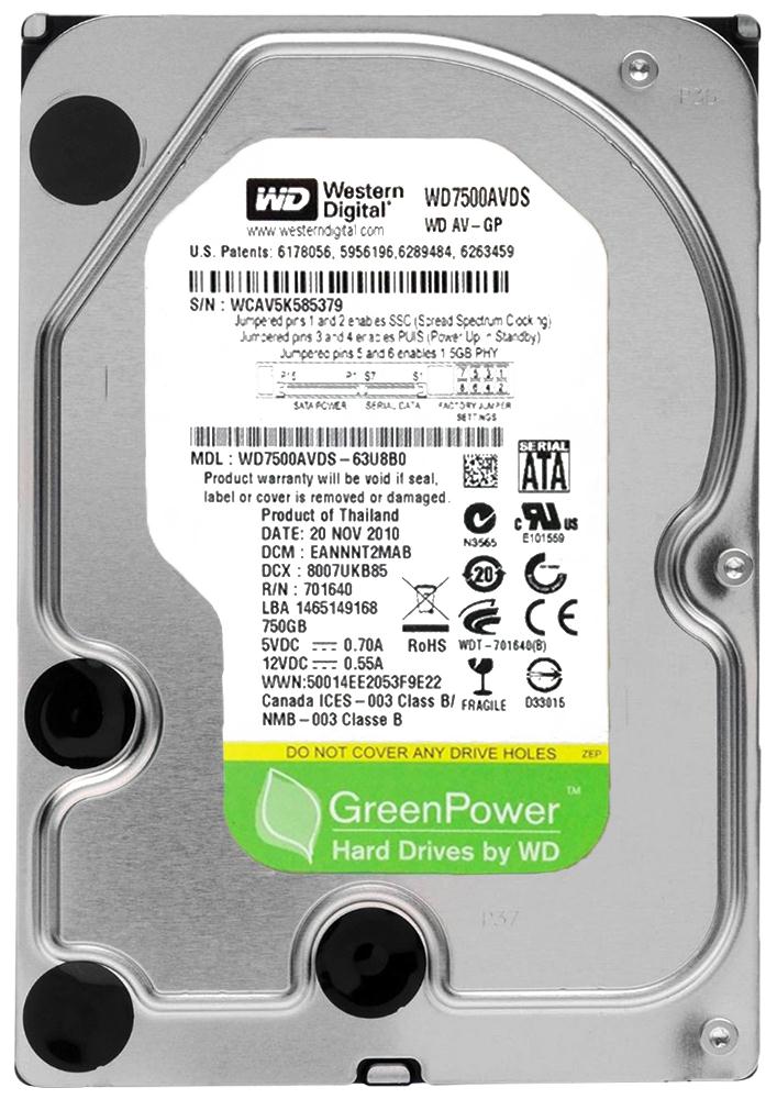 WD7500AVDS | Western Digital 750GB 5400RPM SATA 3 Gbps 3.5 32MB Cache AV Hard Drive
