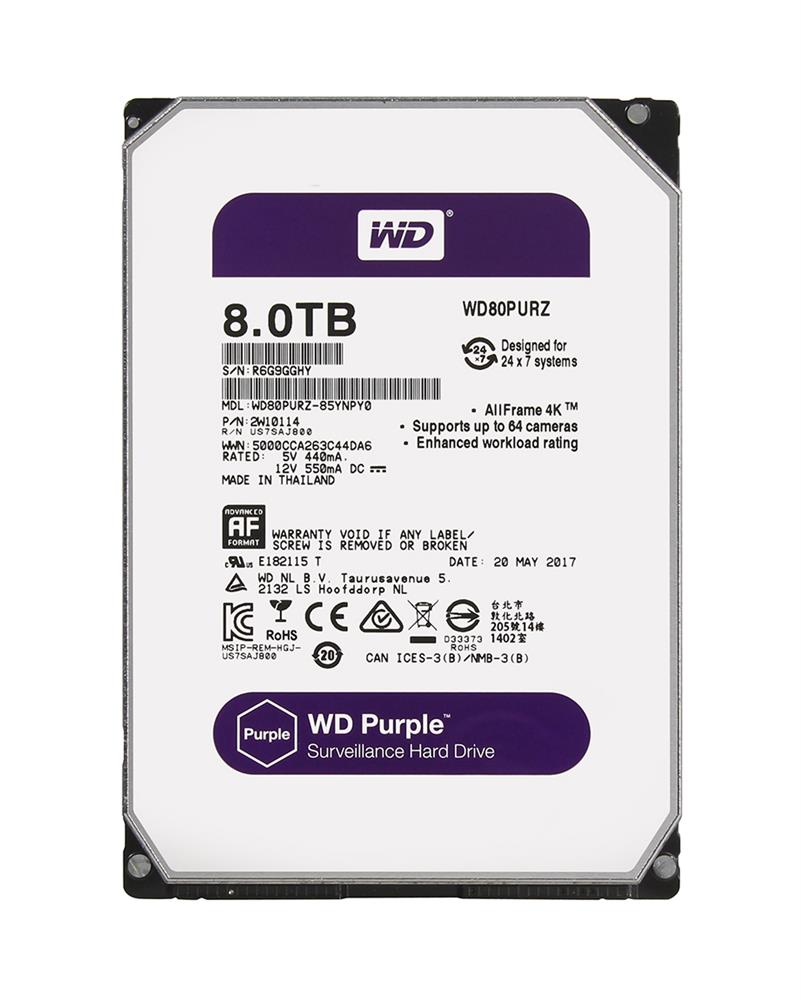 WD80PURZ-85YNPY0 | Western Digital Purple Surveillance 8TB 5400RPM SATA 6Gbps 128MB Cache 3.5-inch Internal Hard Drive