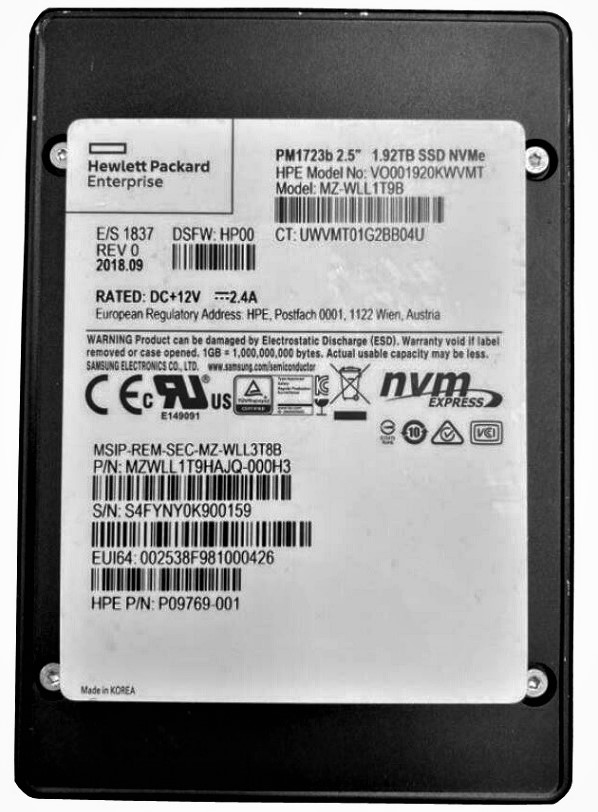 MZWLL1T9HAJQ-000H3 | SAMSUNG 1.92tb Pm1723b 2.5 Sff Pci Express 3.0 X4 (nvme) Read Intensive Mlc Enterprise Internal Solid State Drive