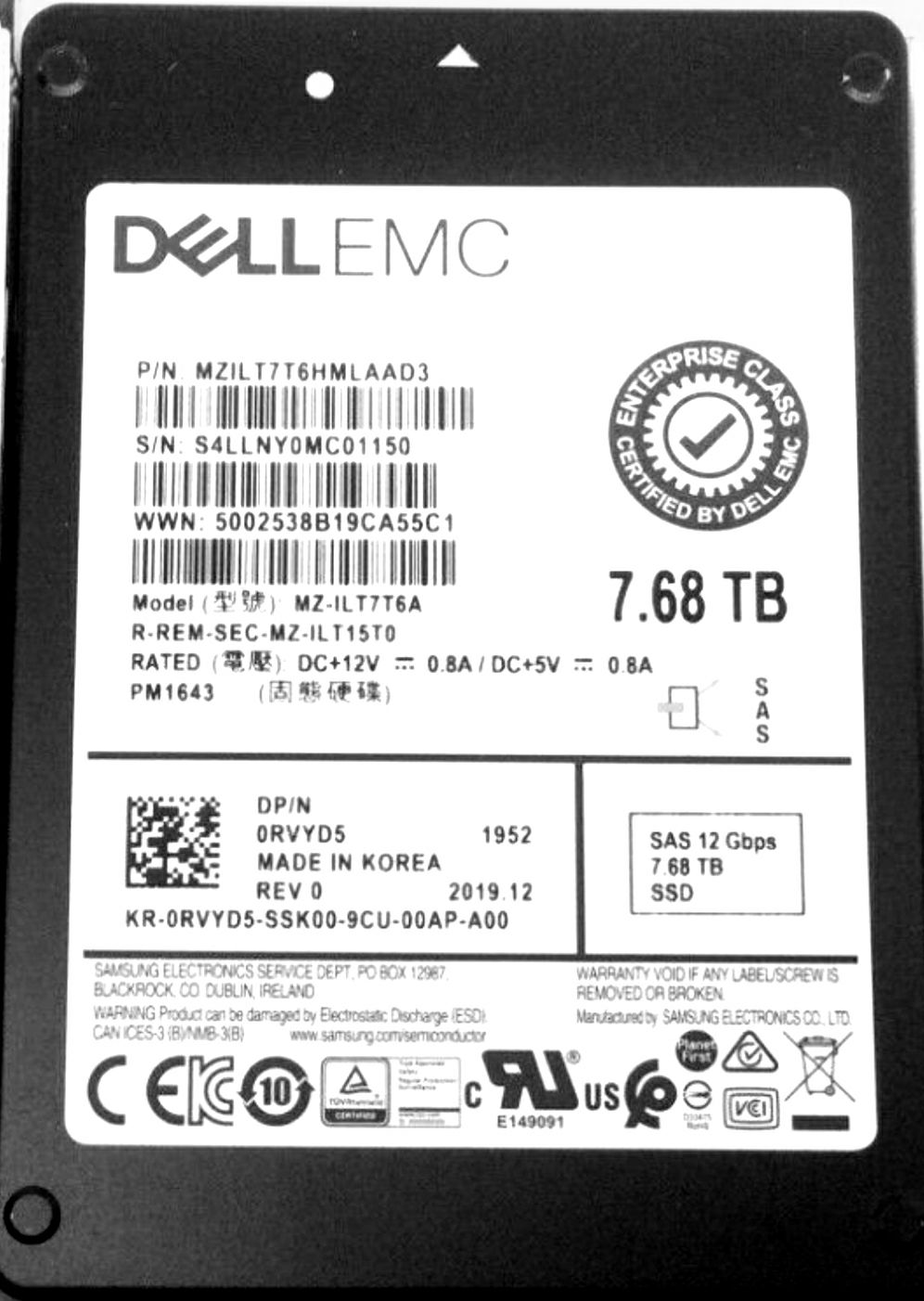 MZ-1LT7T6A | SAMSUNG Pm1643 7.68tb Sas 12gbps 2.5 Enterprise Internal Solid State Drive