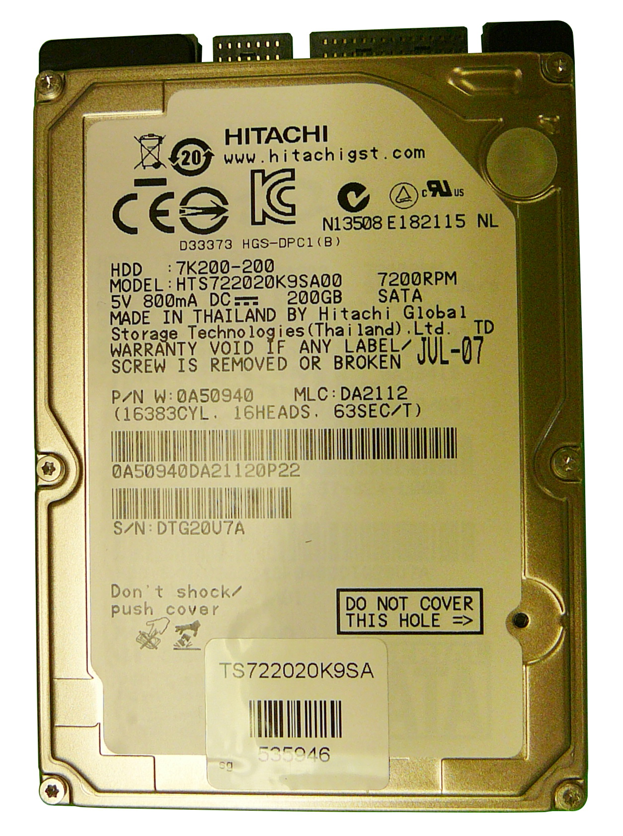 0A50940 | Hitachi Travelstar 7K200 200GB 7200RPM SATA 1.5Gbps 16MB Cache 2.5 Internal Hard Drive